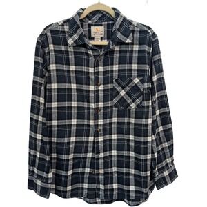 Field Stream Flannel Shirt Mens Medium Navy Blue White Plaid Cotton Button Down